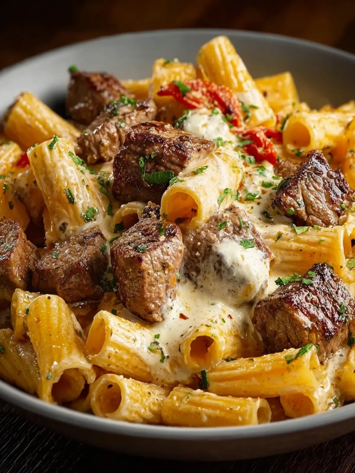 Cajun Steak Tips in Cheesy Rigatoni Parmesan Sauce First Image